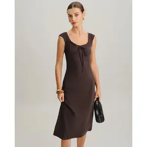 Brown Boat Neck Cap Sleeve Midi Dress