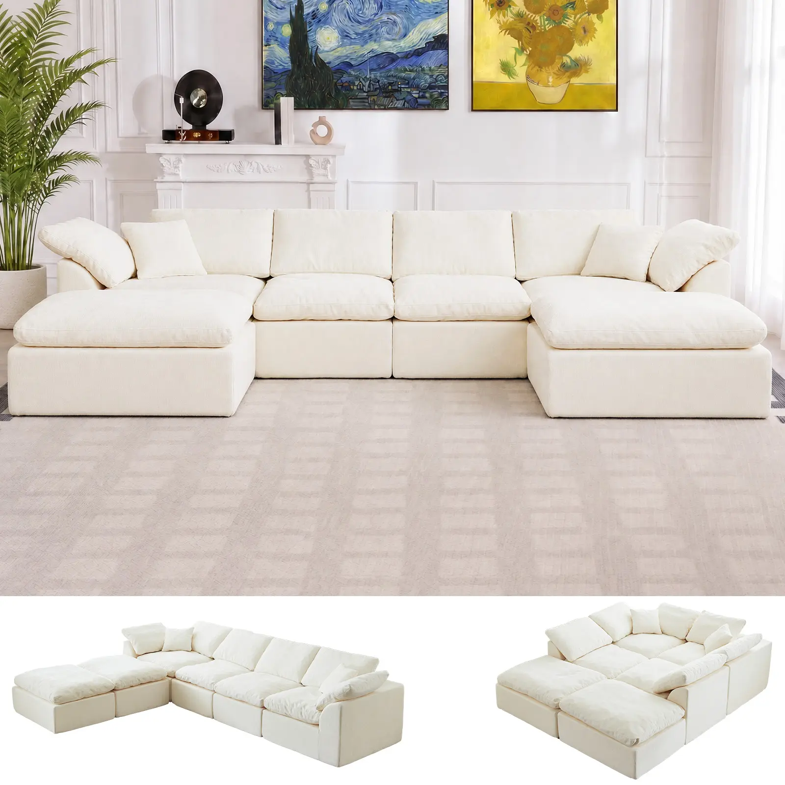 Cream White Cloud Modular Tofu Block Sectional Sofa, Free Reconfigurable Floor Couch for Playing Relaxing Movie Night Sleeping, Oversized U-Shaped Convertible Sleeper Sofa for Living Room Apartment