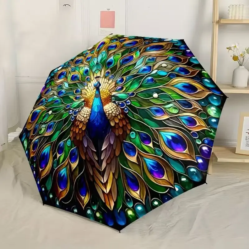Peacock feather design, lightweight and collapsible compact travel umbrella, 8-rib sturdy frame, elegant outdoor umbrella for men and women, a must-have umbrella for home.