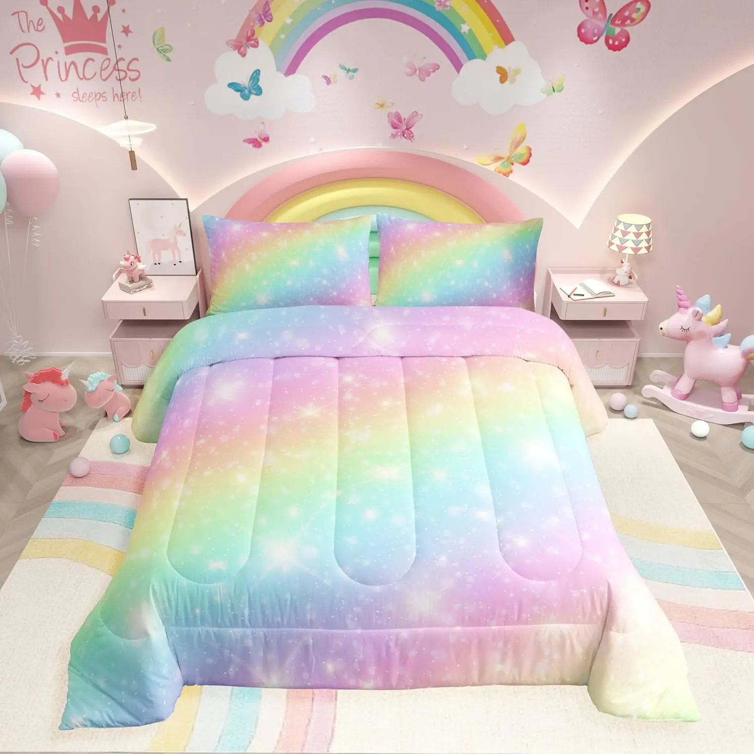 Feelyou Rainbow Golden Stars Watercolor Lightweight Microfiber Duvet Cover Set - Queen-Size, Breathable, Machine-Washable Bedding Set for Women's Bedrooms, Lightweight Duvet Set