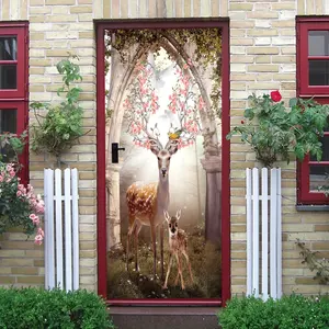 Magical Forest Deer Family Door Wall Sticker Peel and Stick Removable Vinyl Decal with Flower Antlers Doves and Ancient Arch Design for Home Decor Living Room Bedroom Kids Room Nursery Party Decorati