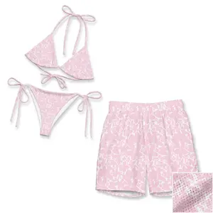 Matching Couples Swimwear: Women Pink Floral String Bikini & Men's Breathable Mesh Shorts Set - Honeymoon Vacation Beachwear