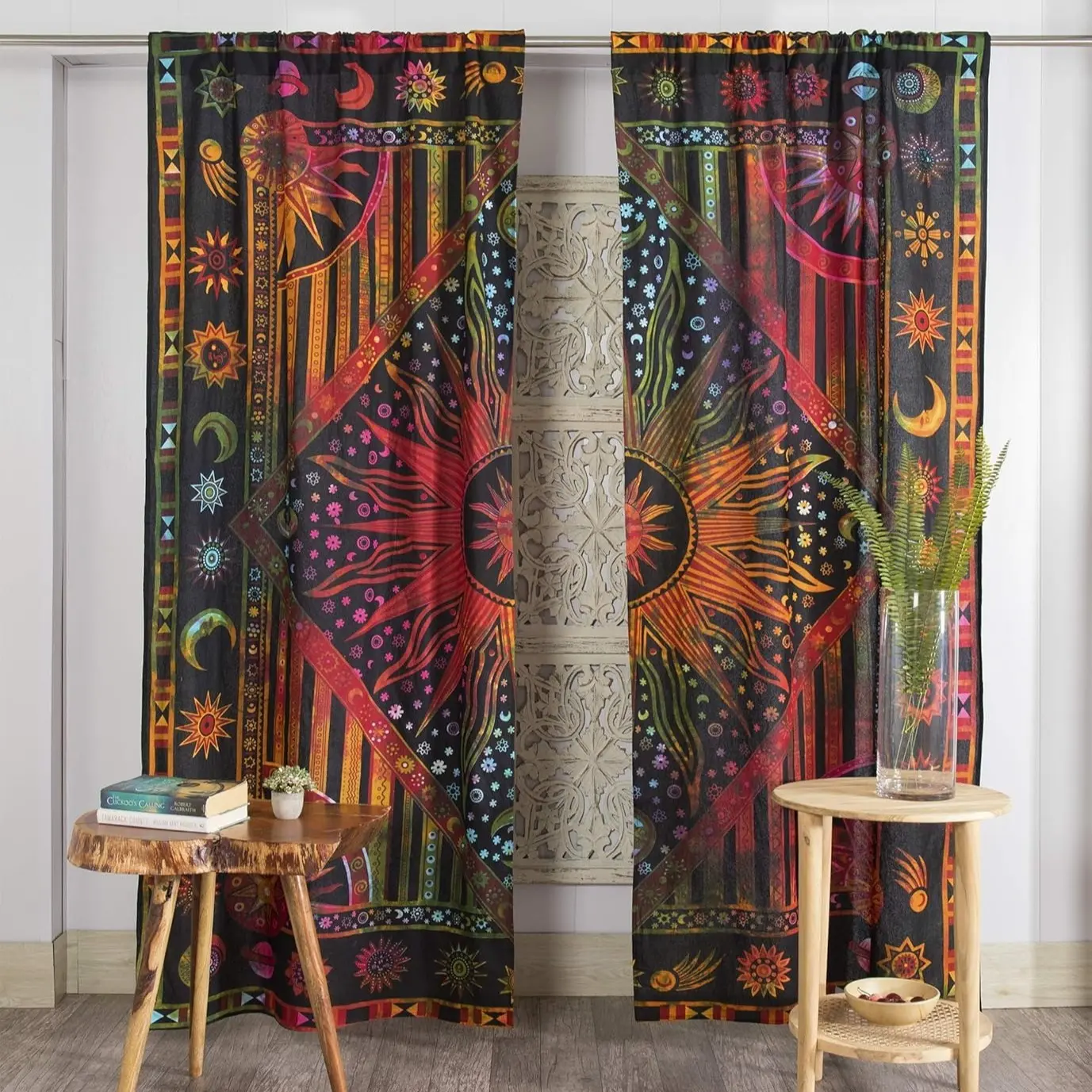 2 pieces of Bohemian-style, Sheer printed window curtains, Home Decorative Curtain, semi-transparent for privacy, fade-resistant, machine-washable, rod bag hanging, suitable for home decoration