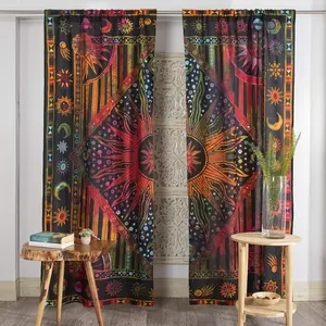 2 pieces of Bohemian-style, Sheer printed curtains, semi-transparent for privacy, fade-resistant, machine-washable, rod bag hanging, suitable for home decoration