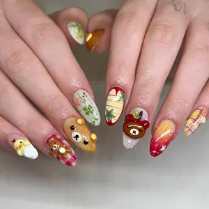 Terra Nails – Kawaii Rilakkuma Press On Nails, Handmade Cartoon Bear Nail Art, Cute Long False Nails with 3D Figures, 3D Cartoon Cute Nails, Japanese nail