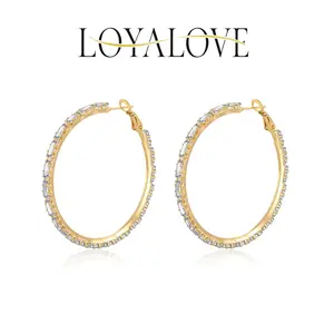 Loyalove Golden Gold T-Shaped Cubic Hoop Earrings With Zirconia Sensitive Ears Womens earring 1.57/1.96/2.36inch Fashionable Gift