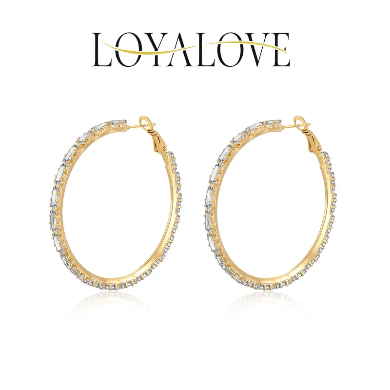 Loyalove 14K Gold Plated Gold T-Shaped Cubic Hoop Earrings With Zirconia Sensitive Ears For Women Earring 1.57/1.96/2.36Inch Fashionable Gift