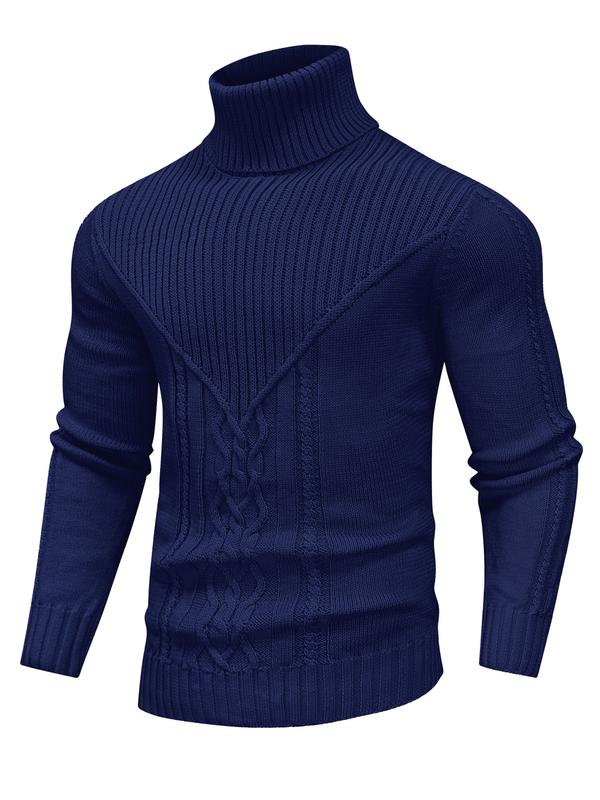 Men's Solid Color Textured Turtle Neck Sweater, Regular Fit Casual Long Sleeve Jumper for Fall & Winter, Men's Knitwear for Daily Wear, Knit Pullover