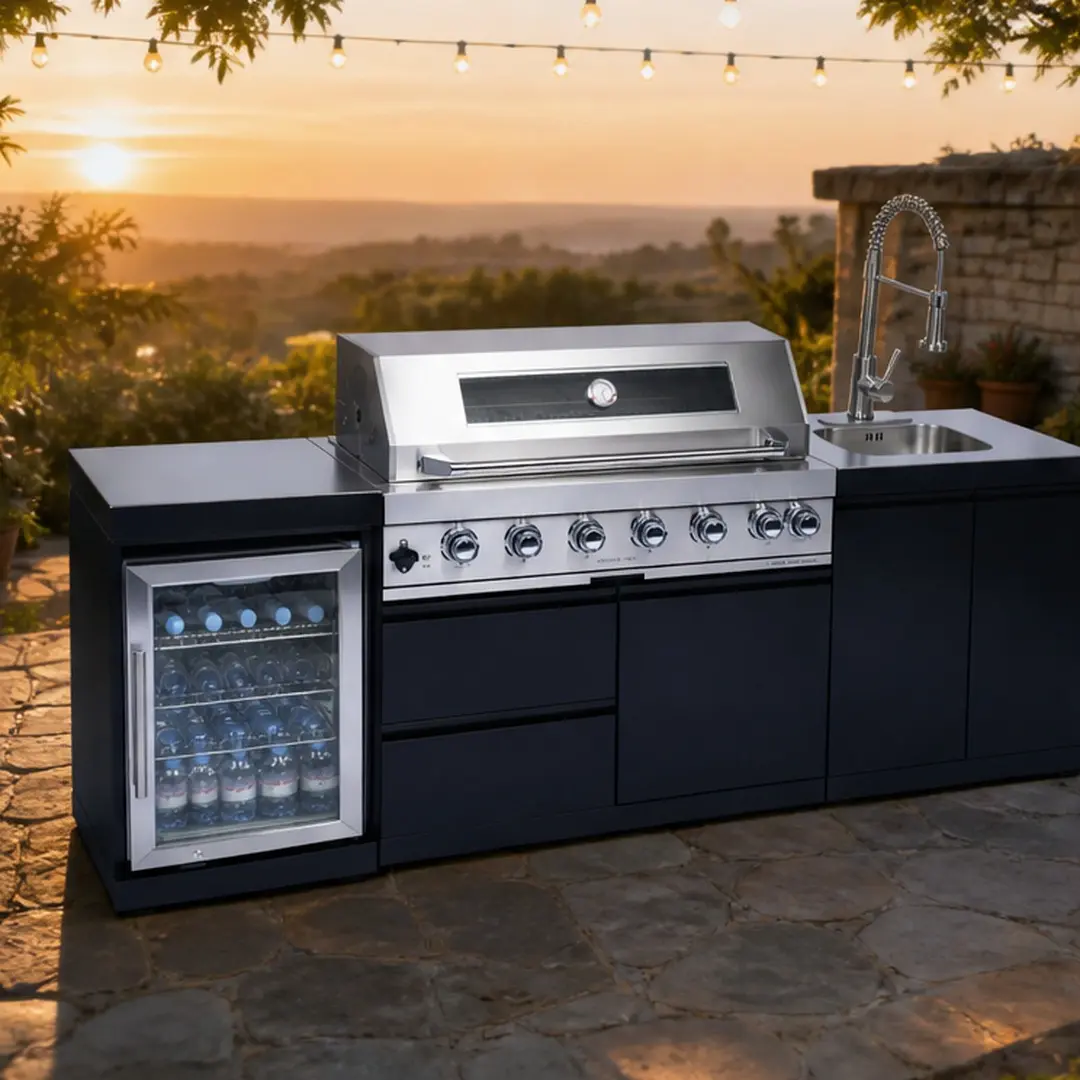 ARCH 96-Inch 6-Burner Stainless Steel Traditional Gas Grill Outdoor Kitchen Island with 5mm Brushed Countertop, 85000 BTU, Wine Cooler, Glass-Door Refrigerator, Ceramic Rotisserie Rack, Storage Cabinets, Drawers, Cover, Multiple Colors, Garden Use, Brushe