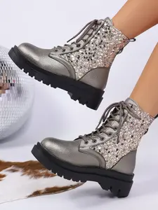 Women's Sparkly Sequin Lace - Up Gunmetal Ankle Boots, Stylish Fashionable Indoor & Outdoor Autumn & Winter Footwear, Female Eye - Catching Glamorous Party & Night - Out Shoes for Festive & Chic Occasions, Girl, Cool Easy - Wear Booties