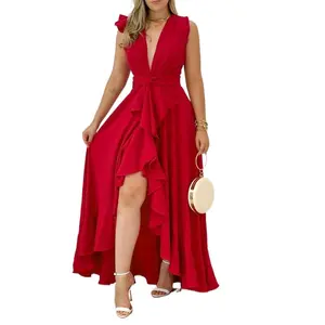 2025 1pc Women'S Elegant Asymmetric Pleated Maxi Dress, Deep V-Neck Sleeveless Summer Dress, Polyester 100% Solid Color, Lightweight 120g/m² Fabric, Adult Fashion