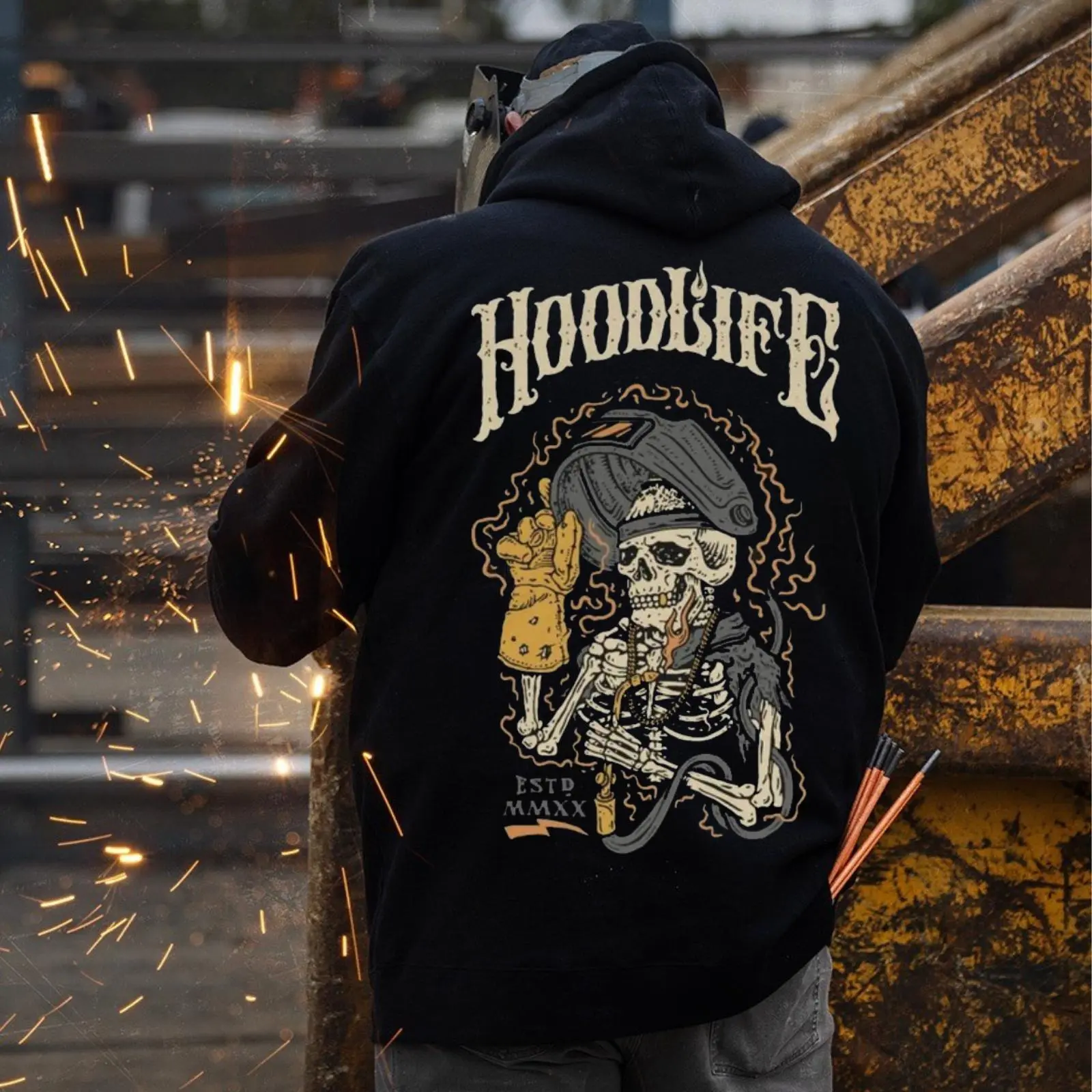 Hoodlife Skeleton Welder Unisex Hoodie, Welding Skull Graphic, Blue Collar Metalworker Theme, Rugged Industrial Style, Bold Workwear Look, Perfect Fall Winter Gift