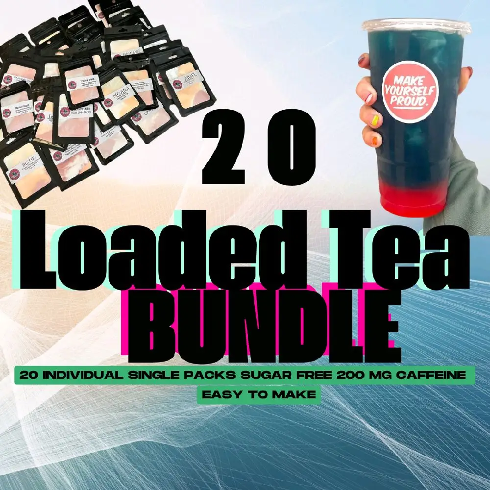 20 LOADED TEA single serving packages with each order. Each Single package makes 1 Loaded Tea 200 MG CAFFEINE IN EACH PACKAGE.