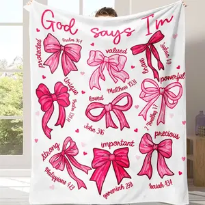 Cute Pink Bow Christian Blanket – Scripture Quote “God says I am,” Elegant Inspirational Religious Gift – Jesus Faith & Prayer Throw for Home, Sofa, Bedroom, Year-Round Decoration for Christian Girls
