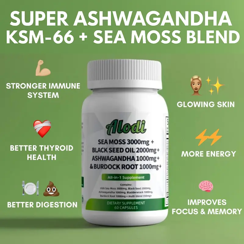 Ashwagandha KSM-66 + Sea Moss Blend Capsules with Black Seed Oil, Bladderwrack, Turmeric + more (Lab Tested for Max Potentcy)