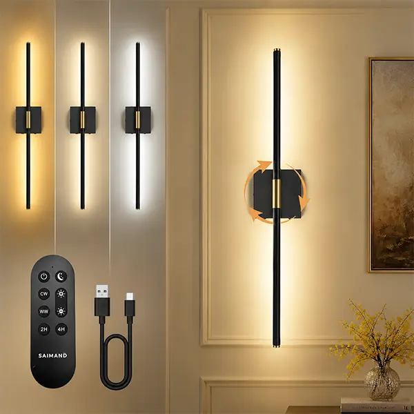 Rechargeable Wall Lamp Set of 2, Battery Operated Wall Lights with Remote Control, Wireless LED Wall Sconces 3000K-6000K ,Total capacity: 16000 milliamps,Dimmable for Bedroom Living Room Hallway, Black Gold