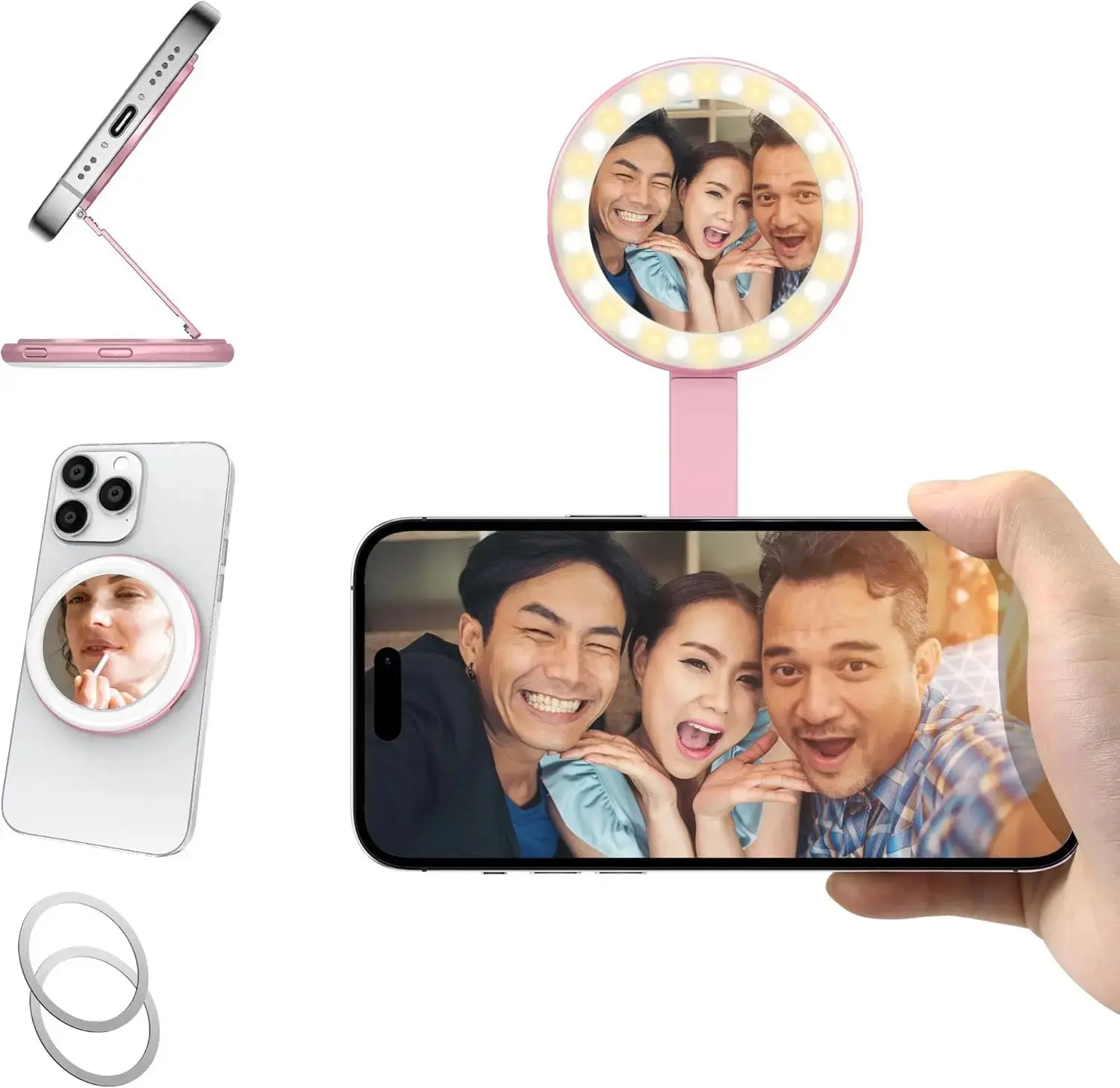 LED Portable Selfie Light - Metal Mini Multifunctional Magnetic Makeup Mirror, Phone Stand for Smartphone Photography (Pink)