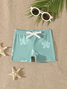 Boys Turtle Print Swim Trunks, Summer Mint Beach Shorts, Quick Dry Waterproof Swimming Pants, Ideal for Surfing and Pool