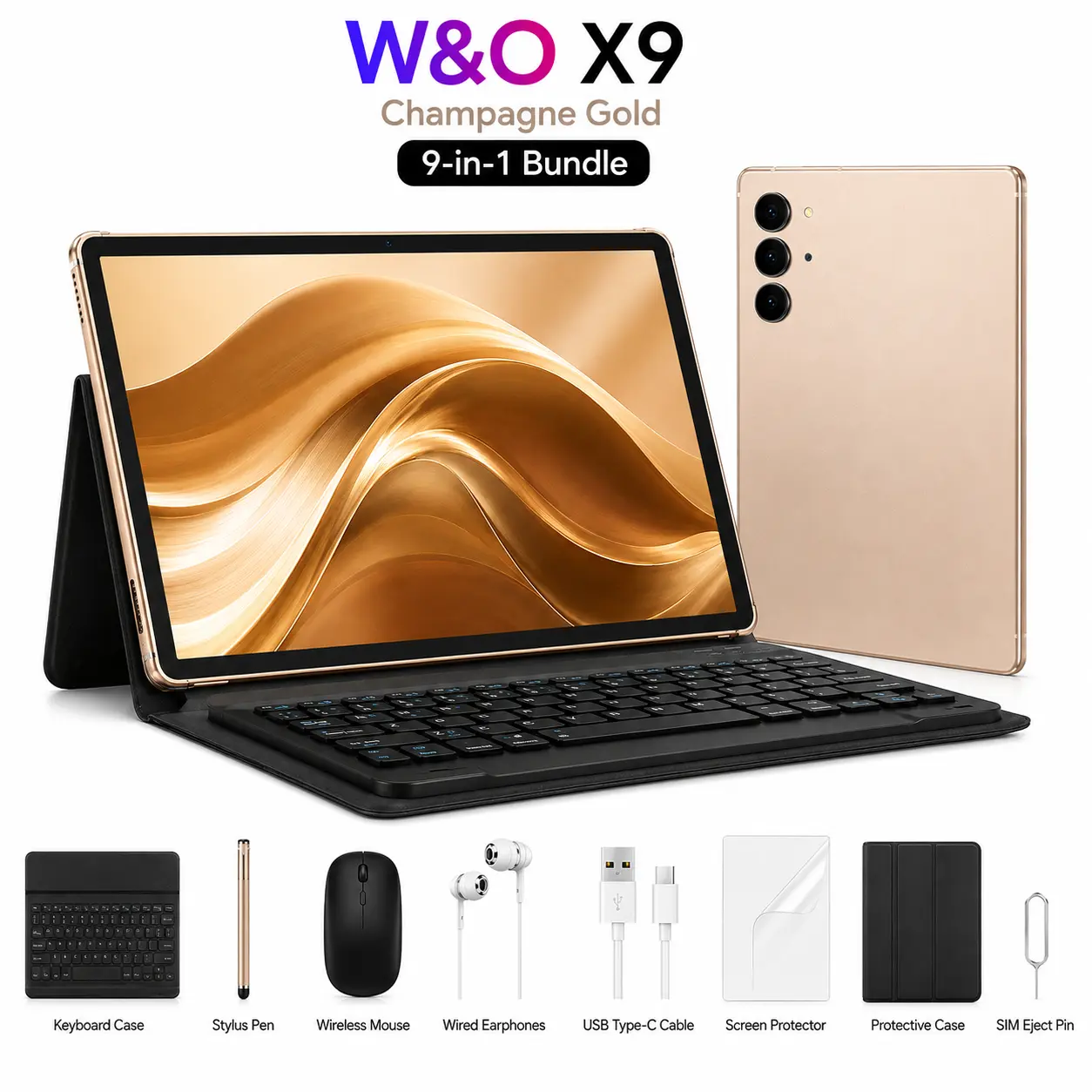W&O X9 Android 15 Tablet, 10.1-in IPS Display, 8GB RAM 256GB Expandable ROM, 8000mAh Battery, Dual-Band WiFi, SIM + microSD Support, 9-in-1 Bundle with Keyboard, Mouse, Stylus & Case, Bluetooth Camera, Metallic Rear, Streaming Tools (Birthday Gift Option)
