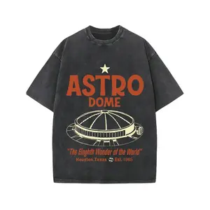 [Vintage Wash] Men's Vintage Houston Astrodome Graphic T-Shirt - 230g Water-Washed Cotton Retro Streetwear Tee with "Eighth Wonder of the World" Print, All-Season Comfort