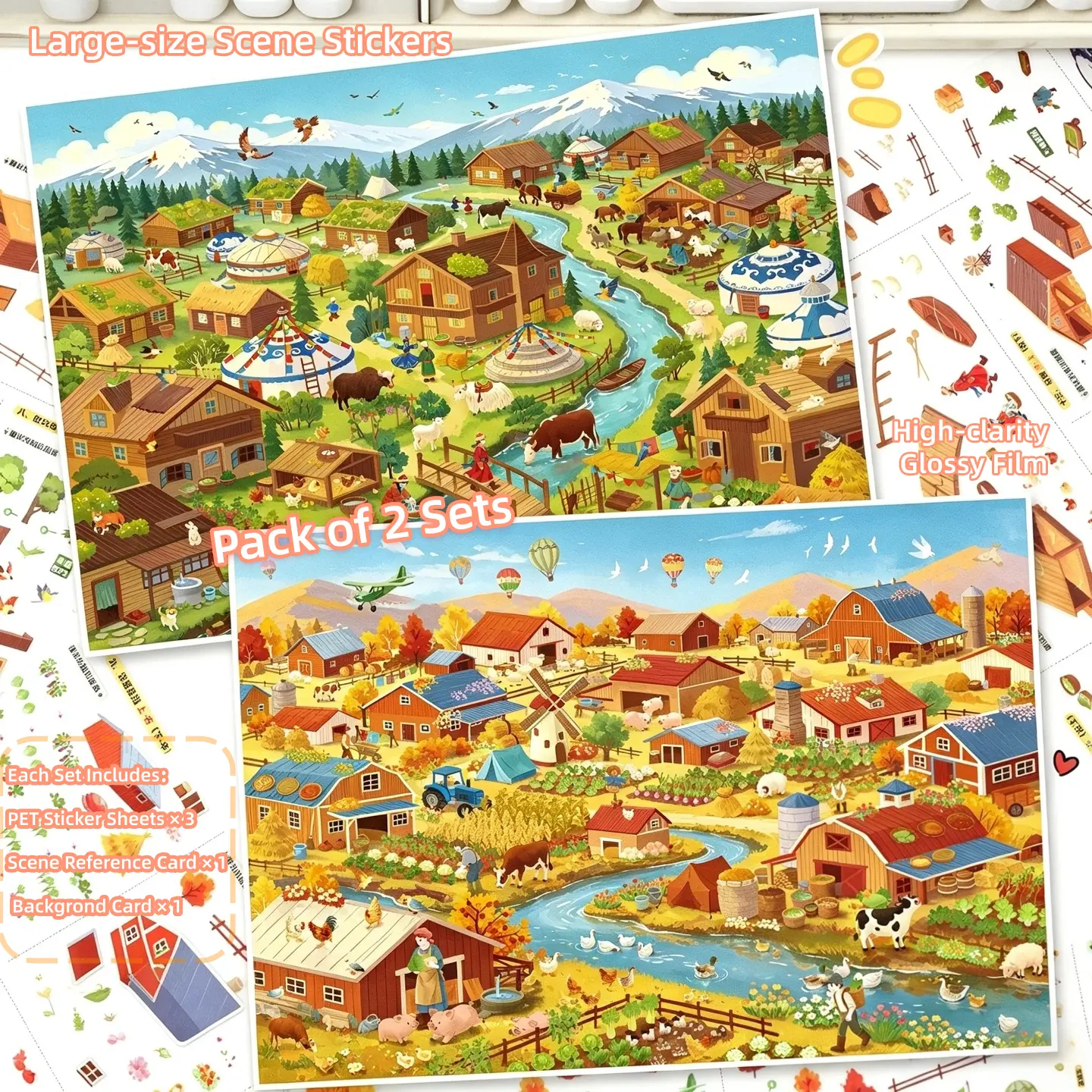 Grassland Series Large DIY Scene Stickers - 2-Pack Landscapes for Beginner Creative Play & Therapeutic Scrapbooking