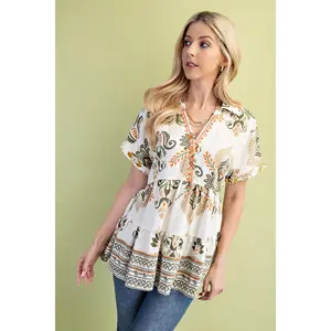 Gigio Print Tiered Top with Embroidery - Olive