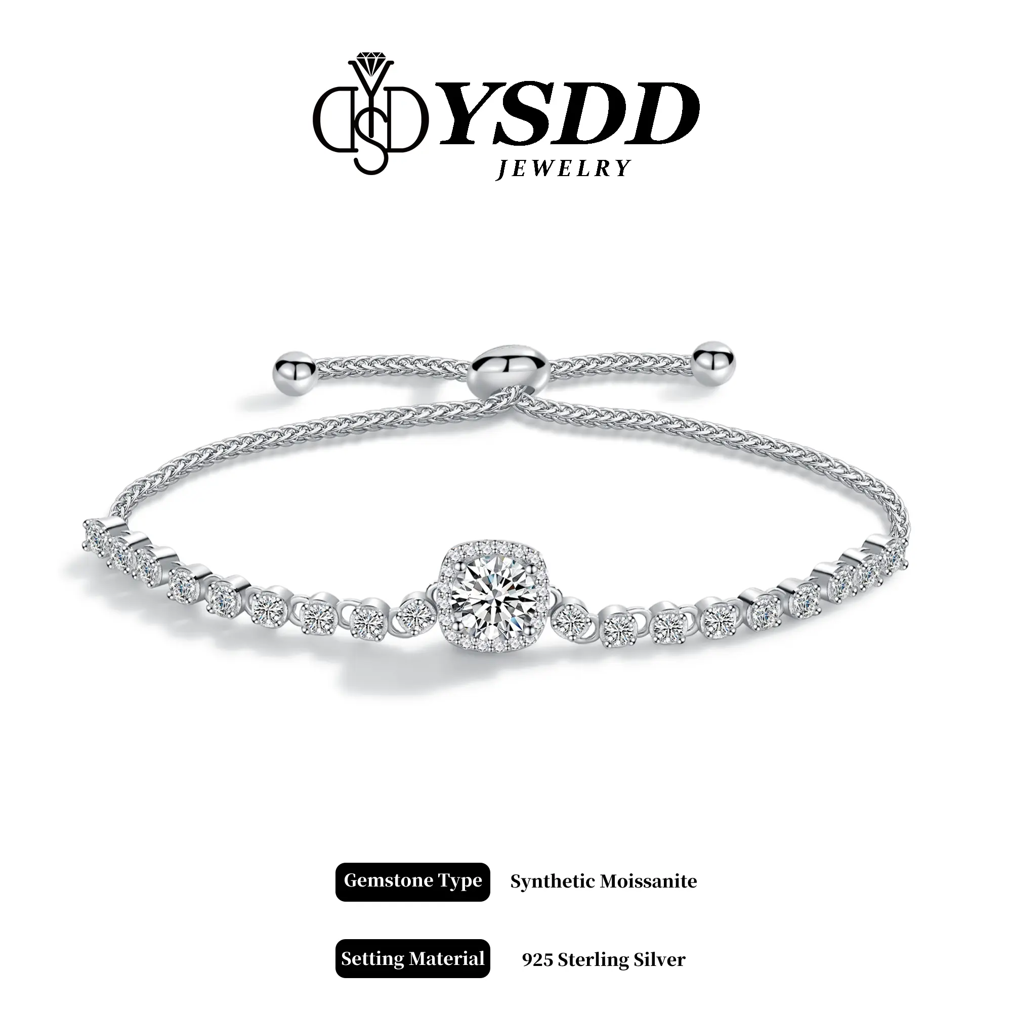 【#382】New Square Halo Slider Bracelet 1CT Synthetic Moissanite Jewelry in 925 Sterling Silver