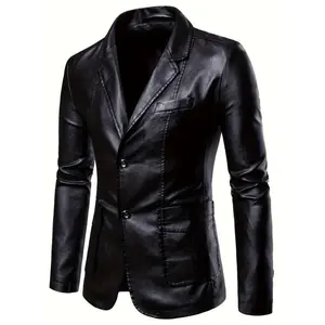 Men's Slim Fit PU Leather Jacket - Stylish Brown Windproof Blazer With Lapel Collar, Long Sleeves, And Side Pockets For Casual Wear