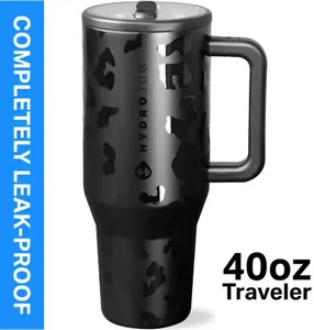hydroJug Traveler 40 oz Portable Stainless Steel Insulated Vacuum Flask Mug, with Flip Straw, Detachable Black Leopard Lid and Handle