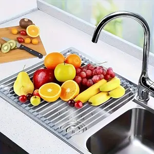 1pc Stainless Steel Foldable Drain Rack for Kitchen Sink - Food-Safe, Space-Saving Water Filter & Dish Drainer with Roller Shutter, Drainboard Dish Drainers, Ideal for Fruits & Vegetables Washing, Over The Sink Dish Drying Rack Drainage Rack