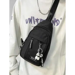 Unisex Fashion Letters Patched Design Sling Bag with Panda Bag Charm, Casual Versatile Zipper Chest Bag for Daily Used, Trendy All-match Sling Bag for Women & Men