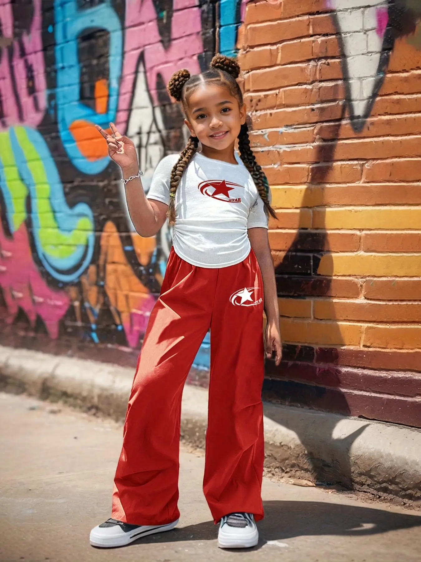 Girl's Star Print Tee & Pants Set, Casual Round Neck Short Sleeve T-shirt & Trousers for Spring & Fall, Kids Clothes for Daily Wear