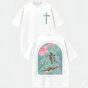 Women's Vintage Washed Pure Cotton Graphic Tee - Shortsleeve, Round Neck, Comfortable, Loose, Aesthetic Oversized Sea Turtle Print, "I Will Be With You" Quote, Everyday Casual Streetwear Top