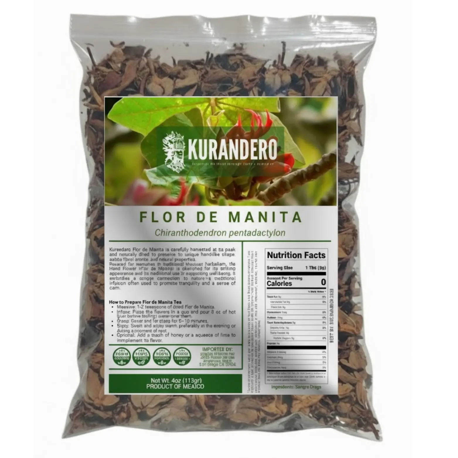 KURANDERO Manita Flower Tea 4 oz (113 g) – 100% Natural Hojas de Flor de Manita (Pseuderanthemum reticulatum) – Premium Loose Leaf Herbal Tea, Caffeine-Free, Non-GMO, Aromatic Floral Infusion, Single Pack