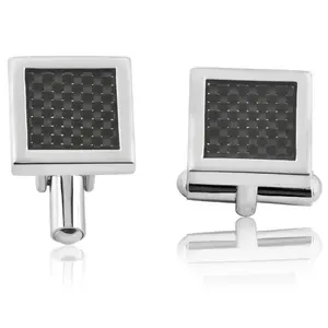 Men's Stainless Steel And Black Carbon Fiber Rectangle Polished Cufflink 14mm