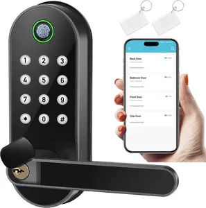 Keyless Entry Fingerprint  Lock with Handle & Keypad:  Biometric Digital  Lock with Code, Electric Deadbolt Door Knob for Front, Interior, Exterior & Bedroom Doors (Black)