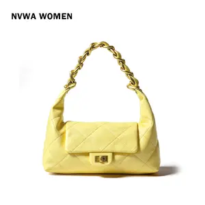 Women's Quilted Underarm Bag, Pastel Yellow Flap Design, Perfect Evening Purse, Elegant Chain Satchel, All Seasons