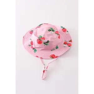 White & pink stripe strawberry print sun hat