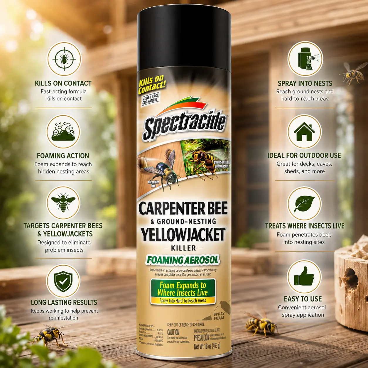 Spectracide Carpenter Bee & Ground-Nesting Yellowjacket Killer Foaming Aerosol Spray (16oz Single Can), Kills Target Pests, Controls Ground-Nesting Yellowjackets, Treats Tunnels, Expands to Habitats, No Battery/Magnets, For Morning/Late Outdoor Use
