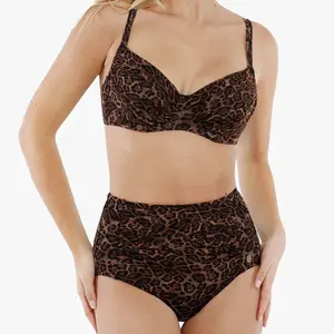 Popilush Women's High-Waisted Two-Piece Bikini, Brown Leopard Print Velvet Swimsuit with Front Metal Buckle Detail & Flattering Fit