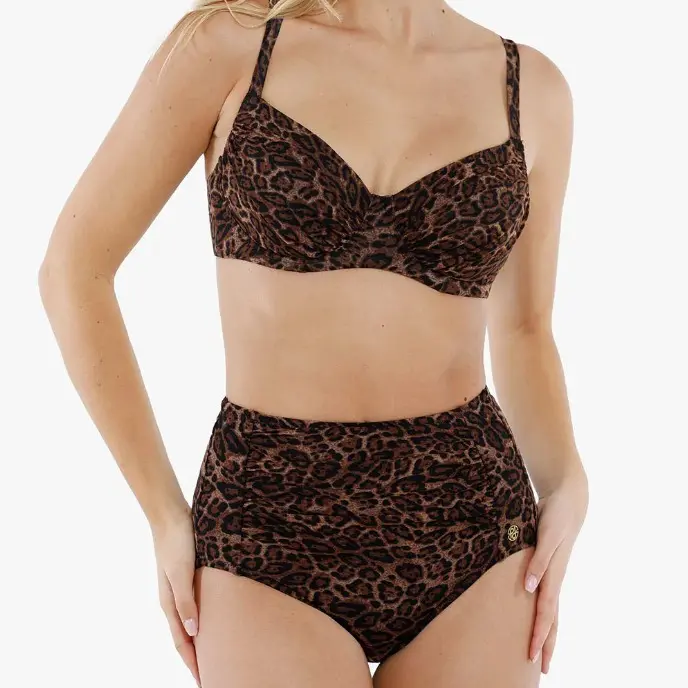 Popilush Women's High-Waisted Two-Piece Bikini Brown Leopard Print Velvet Swimsuit with Front Metal Buckle Detail & Flattering Fit-Creator Live