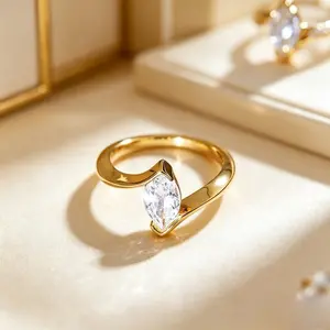 Luxury Golden-Tone Marquise-Cut Engagement Ring for Women, Twisted Band Elegant Promise Ring, Sleek Detail Statement Jewelry, Perfect Gift for Valentine's Day, Parties & All Special Occasions