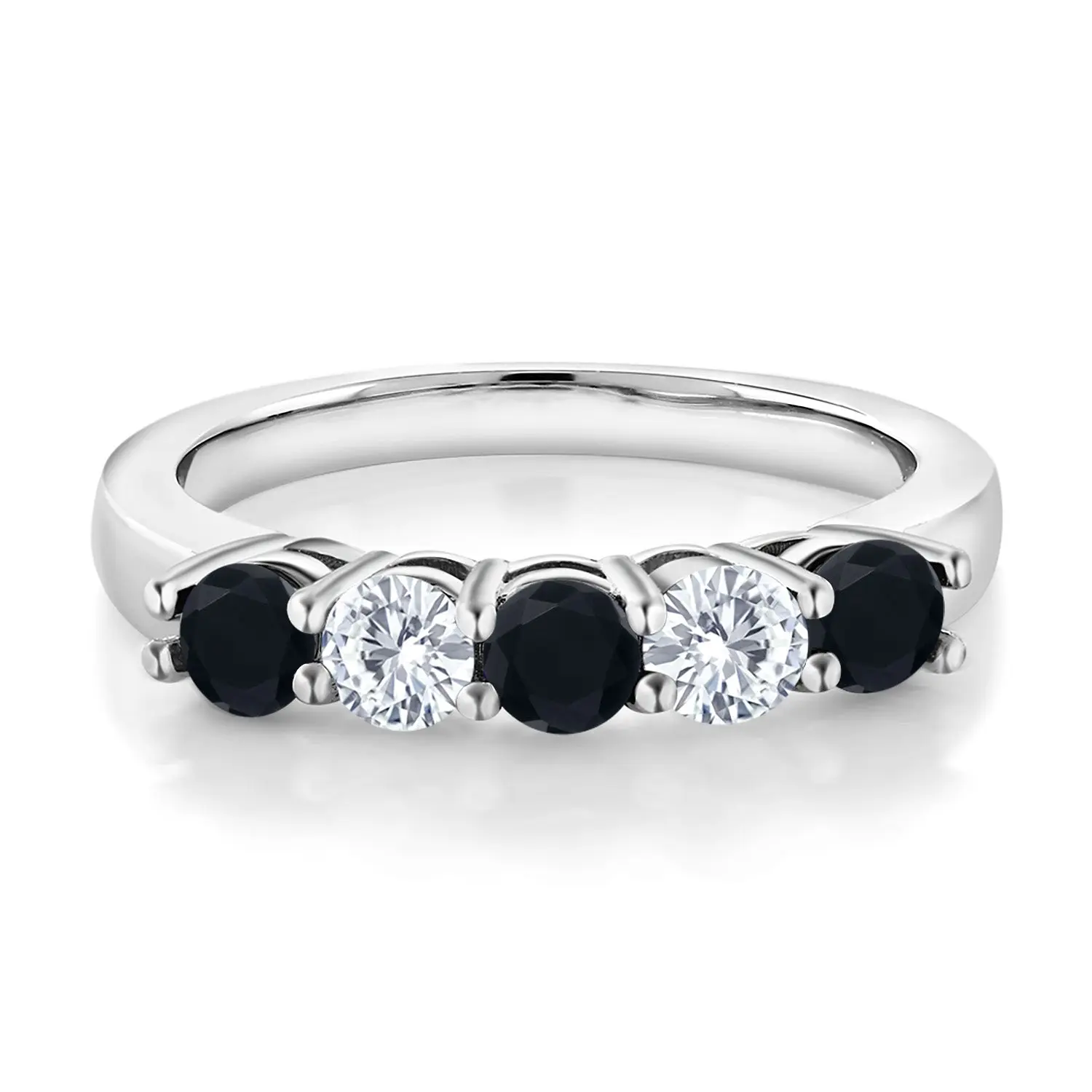 Black Onyx and White Moissanite 5-Stone Wedding Anniversary Band Ring For Women | 925 Silver | 0.71 Cttw | Gemstone Birthstone | Wedding Engagement Anniversary Promise Ring