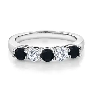 Black Onyx and White Moissanite 5-Stone Wedding Anniversary Band Ring For Women | 925 Silver | 0.71 Cttw | Gemstone Birthstone | Wedding Engagement Anniversary Promise Ring