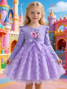 Dreamy Princess Dress for Girls, Cartoon Graphic Print Skirt, Bow Cherry Pattern, Perfect for Camping Travel Parties, Ages 3-10