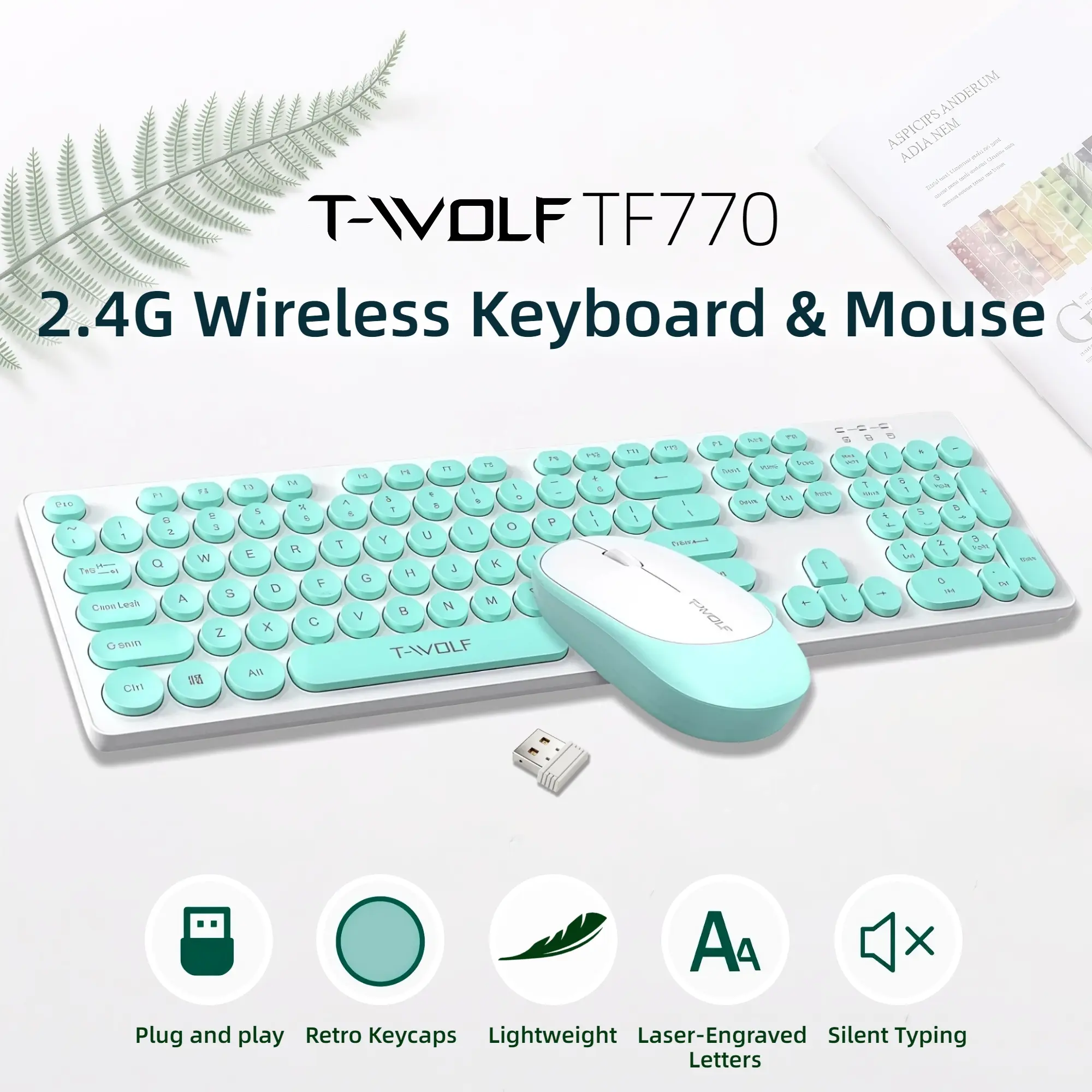 T-WOLF TF770 Aesthetic 2.4G Wireless Keyboard and Mouse Gift Set, Lightweight Full-Size 104-Key Retro Round Keycap Keyboard, Silent Office Mouse, Desk for Home Office, Laptop & PC