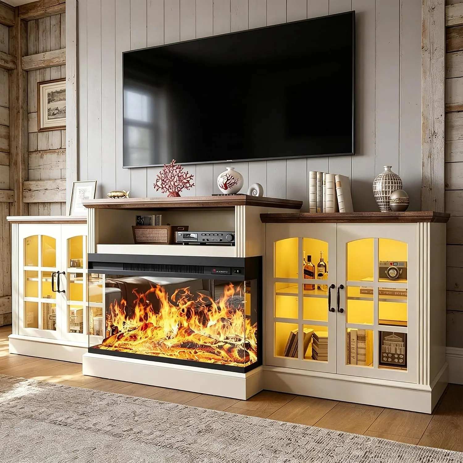 97'' Fireplace TV Stand with 3-Sided Electric Fireplace up to 100" TV, LED Entertainment Center Media Console with 36" Fireplace & Adjustable Storage Cabinets for Living Room