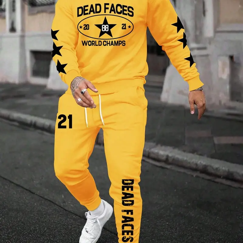Two-Piece Set Men's Classic Star Graphic Print Sweatshirt & Drawstring Waist Sweatpants, Garment, Fabric, Casual Loose Round Neck Long Sleeve Pullover & Pocket Jogger Pants for Fall & Winter, Men's Two-piece Outfits for Daily Wear