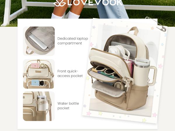 LOVEVOOK School Backpack for Teen Girls & College Students, Large Capacity Laptop Backpack with Water Bottle Holder, Lightweight Bookbag for School, Travel & Everyday Use