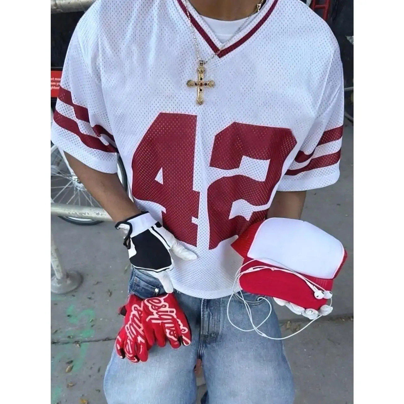 Retro 42 Breathable Mesh Jersey | Y2K street style, white and red cropped T-shirt, breathable workout top, Active Top, suitable for game day and casual wear, TikTok popular sports aesthetic CPW